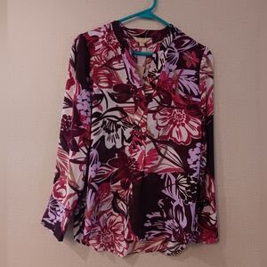 Hope & Harlow legant Floral Blouse - Burgundy and Pink